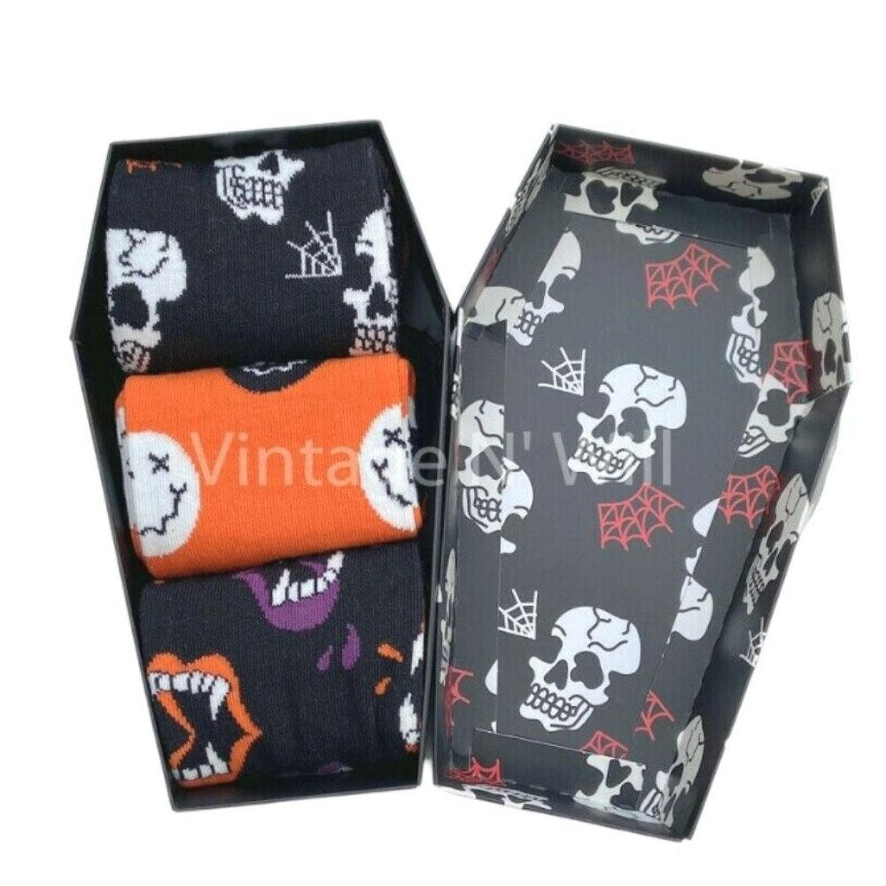 Happy Socks Mens Black/ Orange Halloween Skull Fangs Coffin Gift Box - 3 Pack